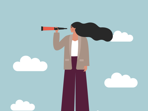 Illustration: Eine Frau ist mit dem Kopf in den Wolken und schaut durch ein Fernrohr